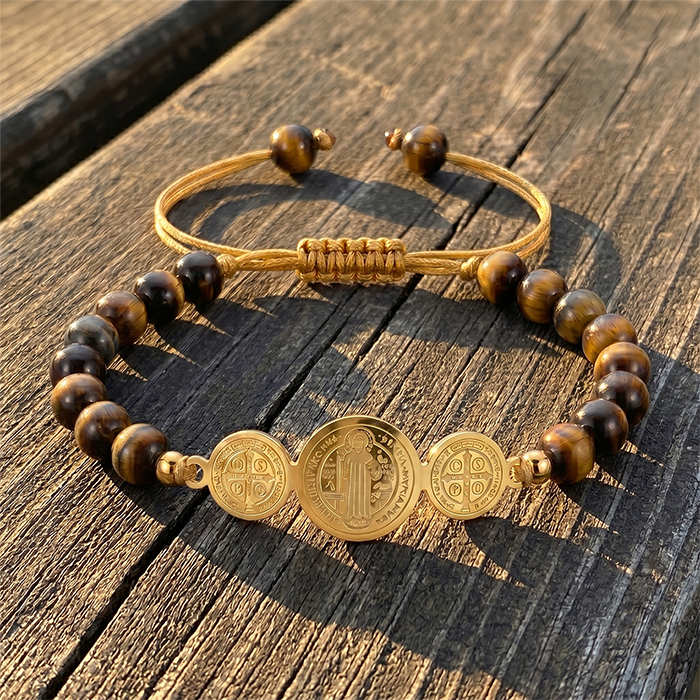 St. Benedict Medal Protection Bracelet - 18K Gold Plated Stainless Steel Natural Tiger's Eye Rhodonite Stone Beads - Adjustable Religious Gift For Men Women