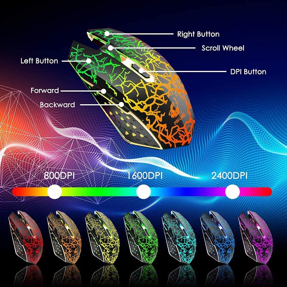 2.4G Wireless Gaming Keyboard&2400DPI Mouse Set Rainbow Backlit For Gamer Office