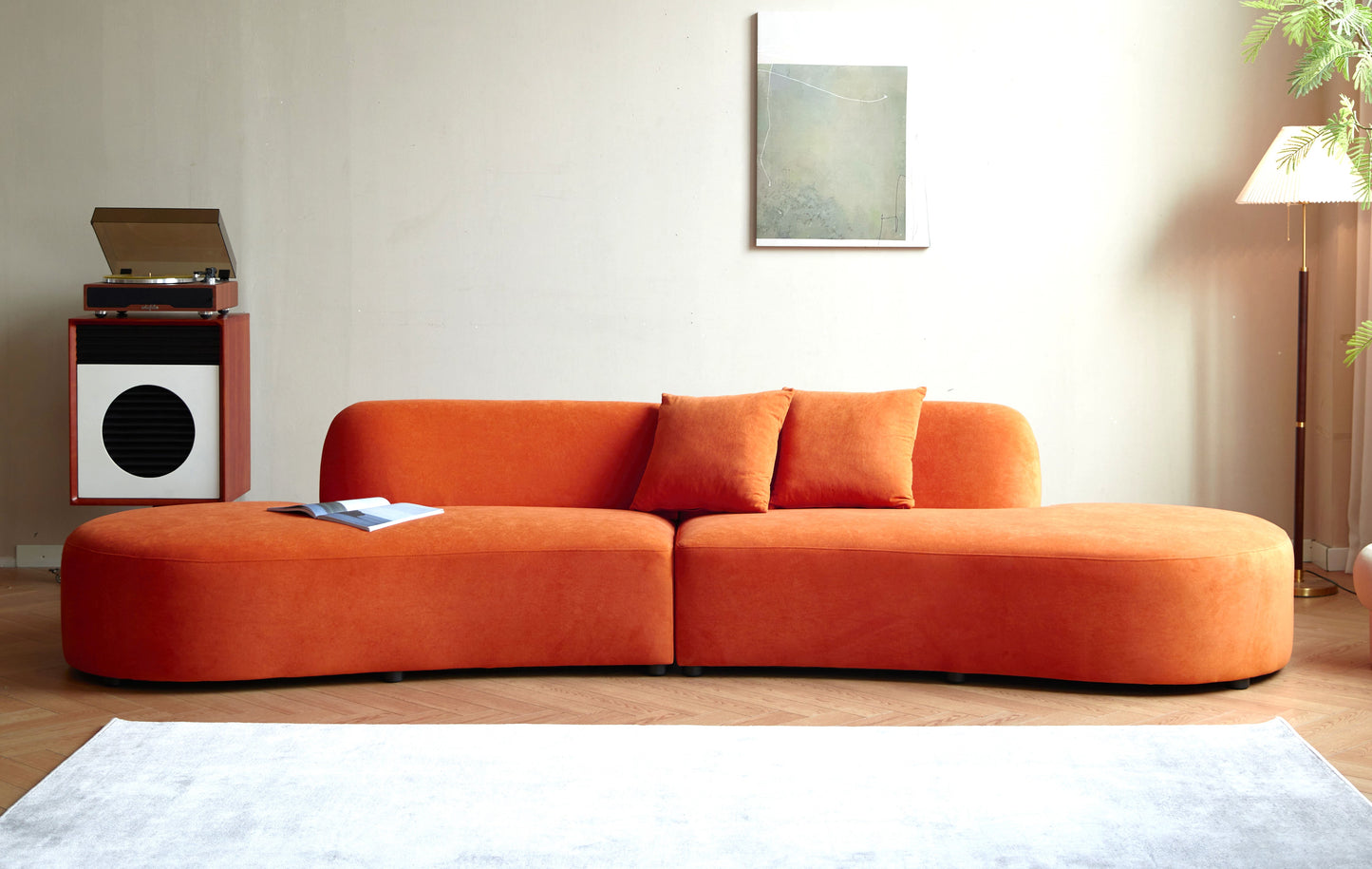 132   Curved Sofa With Throw Pillows, 6 Seater Luxury Velvet Couch With Half Moon Design And High-Density Foam, Ideal For Modern Living Room, Office & Apartment, Red Orange