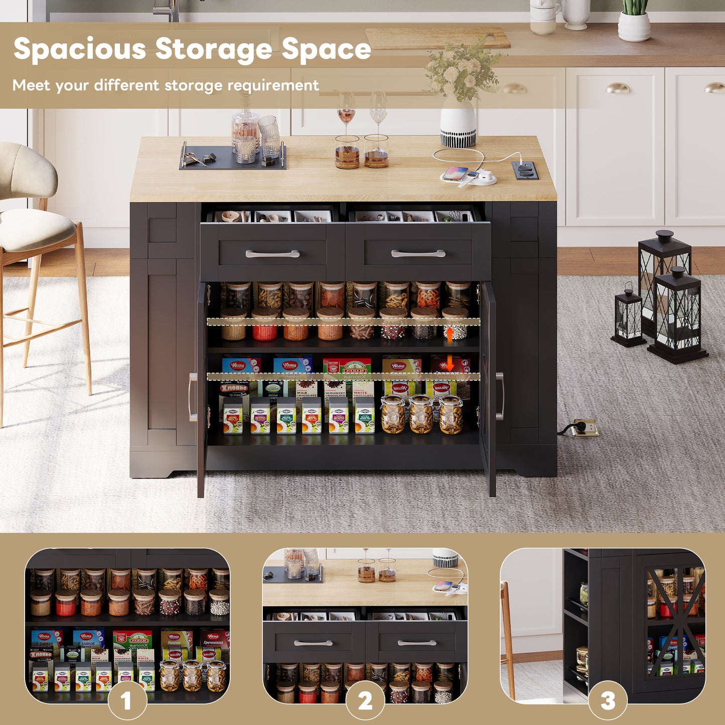 Kitchen Island On Wheels, With Foldable Tabletop, AC Socket, USB Port, Glass Door, Adjustable Shelves Suitble For Kitchen, Dining Room, Living Room,120x65x92