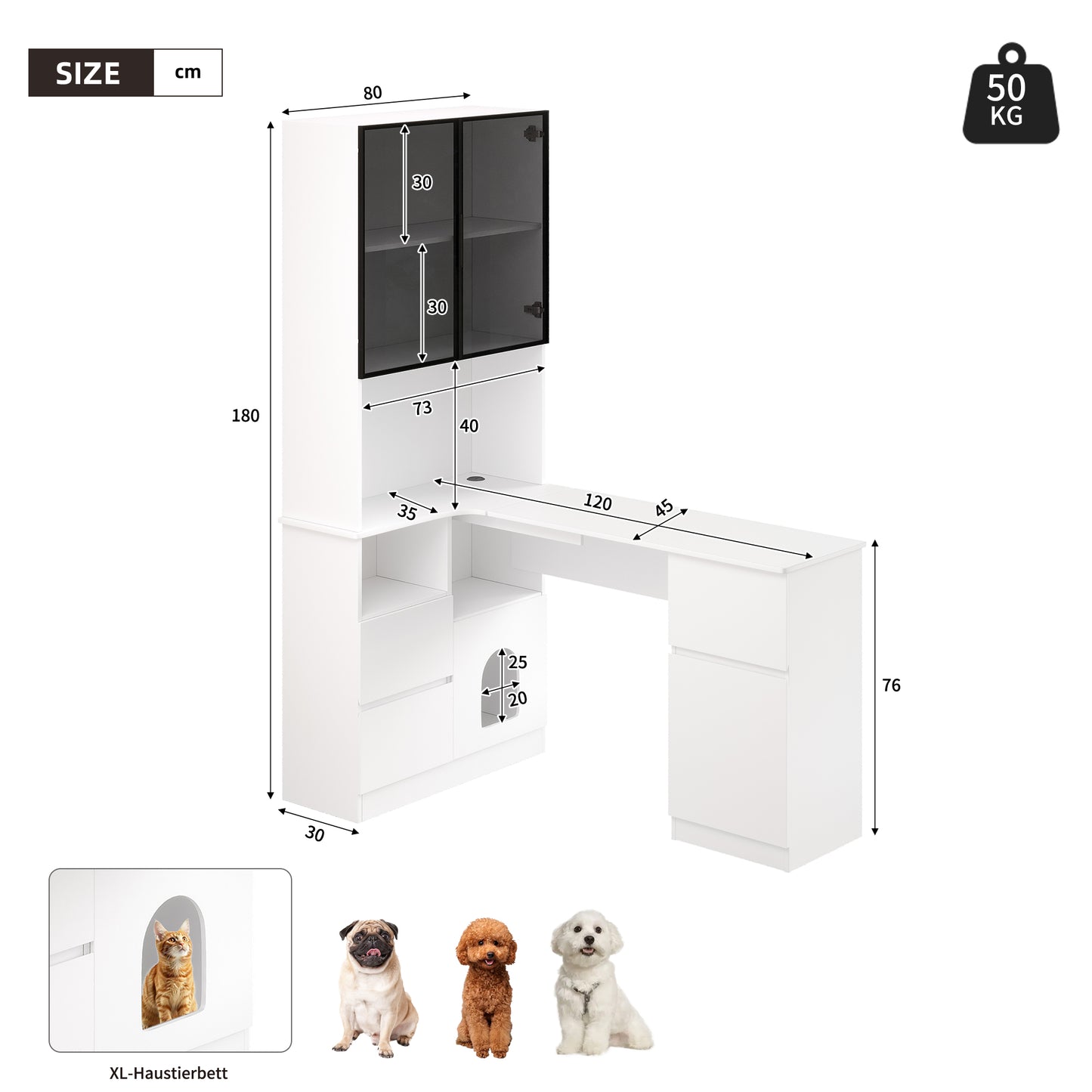 Corner Desk With Shelf And LED Display Cabinet 120x80x180 Cm- Desk With Cable Outlet, 3 Drawers, 2 Doors, Open Compartments & Pet Compartment, A Corner Desk With Built-in Bookshelf