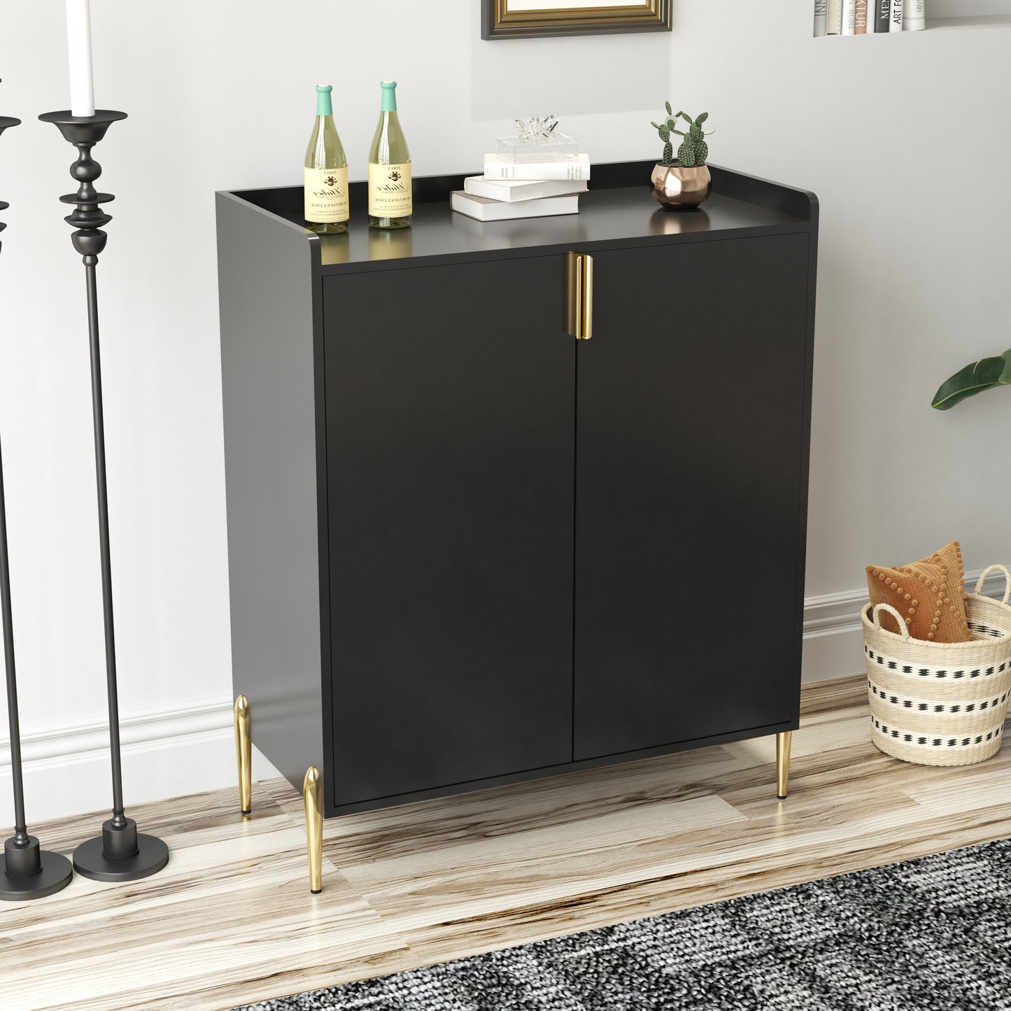 2 Doors Home Wine Bar Cabinet With Wine Rack & Adjustable Storage Shelf, Modern Sideboard With Soft-closing Hinge, Dinning Room Buffet Cabinet, Liquor Cabinet Kitchen, Living Room Coffee Cart BLACK