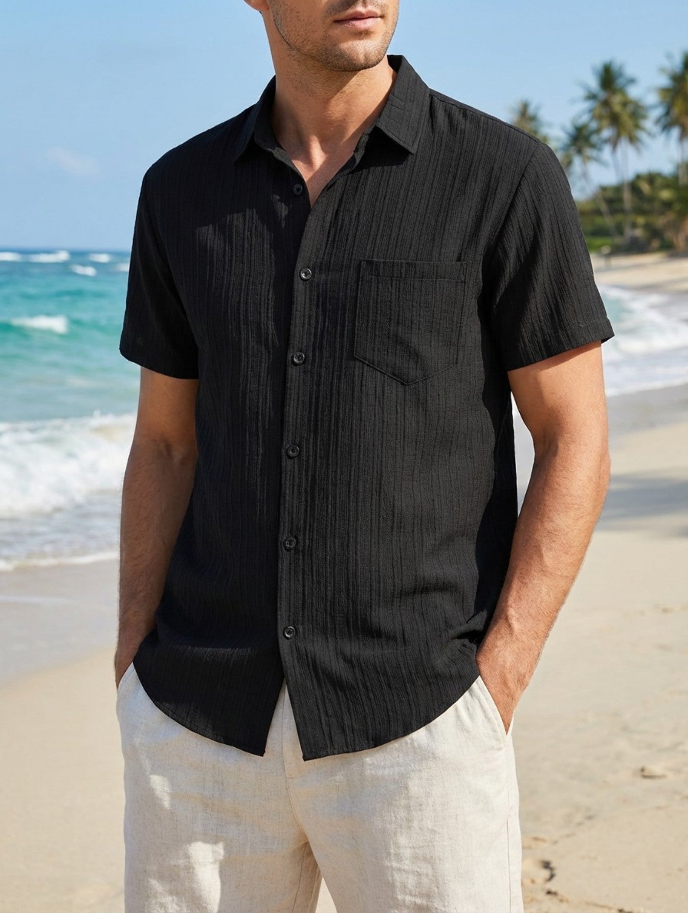 Cross-border Mens Summer Fashion Striped Lapel Beach-fit Casual Shirt Short-sleeve Blouse