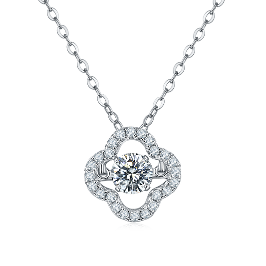 S925 Sterling Silver 0.5ct D Color VVS1 Moissanite Four-Leaf Clover Necklace 45cm Platinum Plated Pave Halo GRA Certified Gift Box