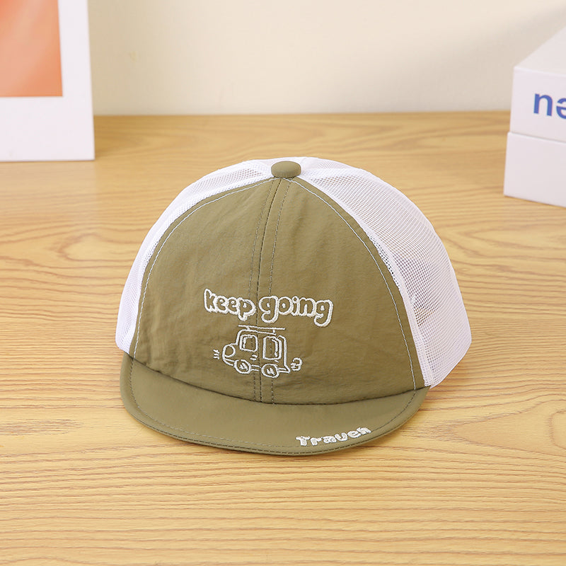 Children's Single-color Cartoon Car Embroidered And Pieced Together Net Fabric Breathable And Cool Fashion Short-brimmed Baseball Cap For Outdoor Travel