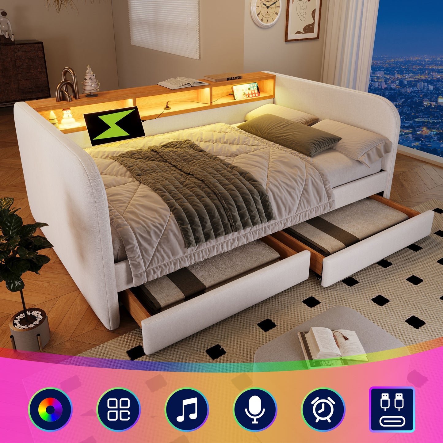 AB20754142B Upholstered Bed Daybed 140x190 Cm, Sofa Bed With LED And USB-C Charging Function, Daybed With 2 Drawers And Storage Headboard, Linen, Light Beige  Without Mattress