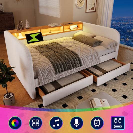 AB20754142B Upholstered Bed Daybed 140x190 Cm, Sofa Bed With LED And USB-C Charging Function, Daybed With 2 Drawers And Storage Headboard, Linen, Light Beige  Without Mattress