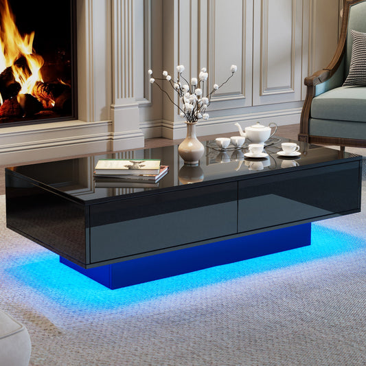 Modern Black Glossy Coffee Table, 115 X 55 X 34 Cm, With 2 Drawers, LED Lighting And 30 Kg Load Capacity - Elegant Living Room Coffee Table