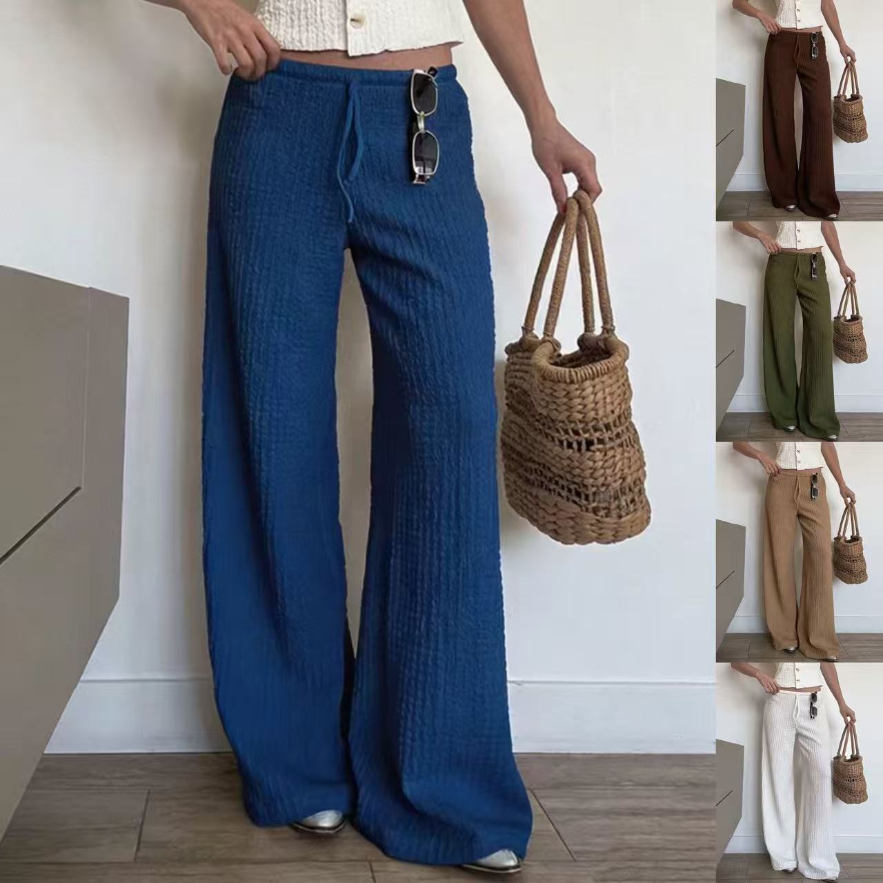 Summer New Womens Pants Solid-color Fashionable Loose-fit Wide-leg Trousers
