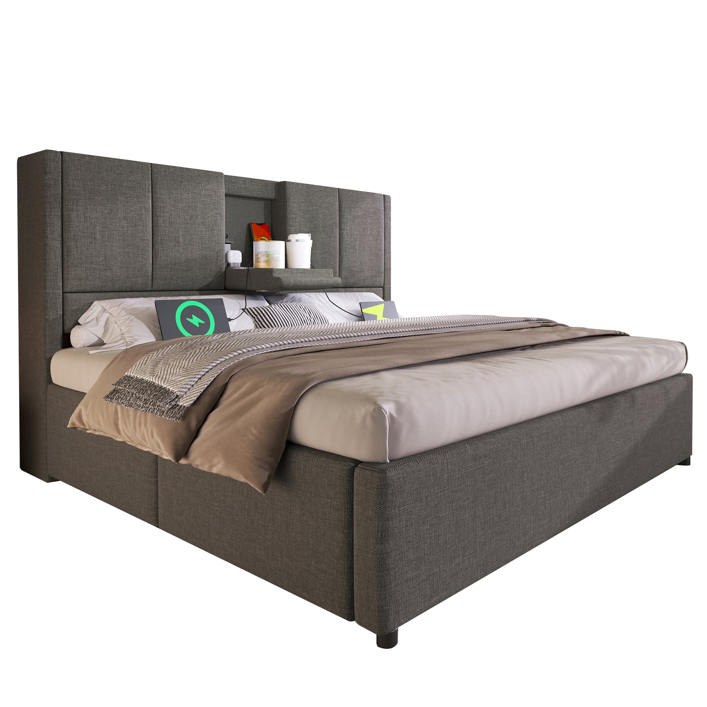 Upholstered Bed 140x200 Cm, Double Bed With Hidden Cup Holder & Charging Station, Hydraulic Bed With Storage Space Under The Bed, Incl. Slatted Frame, Linen Grey  Without Mattress