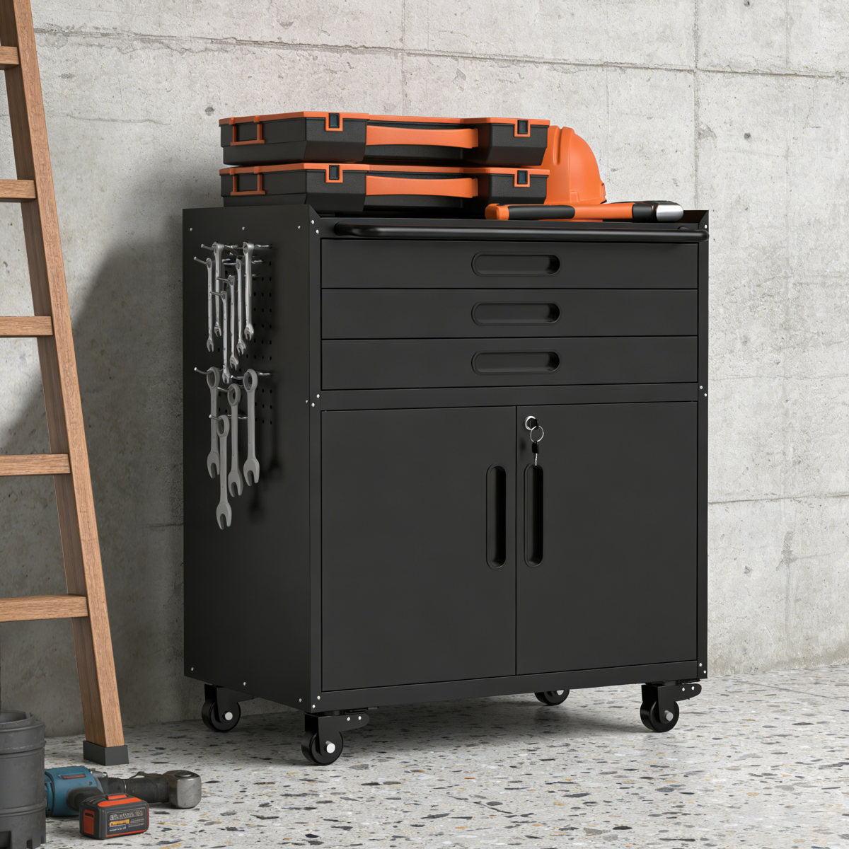34.3 Rolling Metal Tool Cabinet - Heavy Duty Garage Storage With Lockable Doors & 3 Drawers, Mobile Workbench Organizer For Garage, Workshop, Home