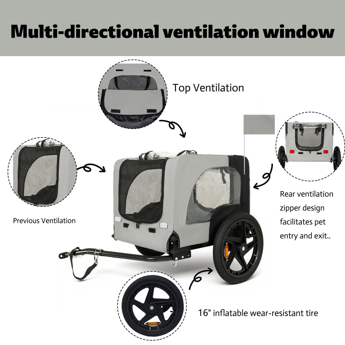 Outdoor Heavy Duty Collapsible Pet Bike Trailer With 16-Inch All-Terrain Wheels  Universal Hitch  Foldable Dog Cargo Carrier Cart For Bicycles, Black Grey