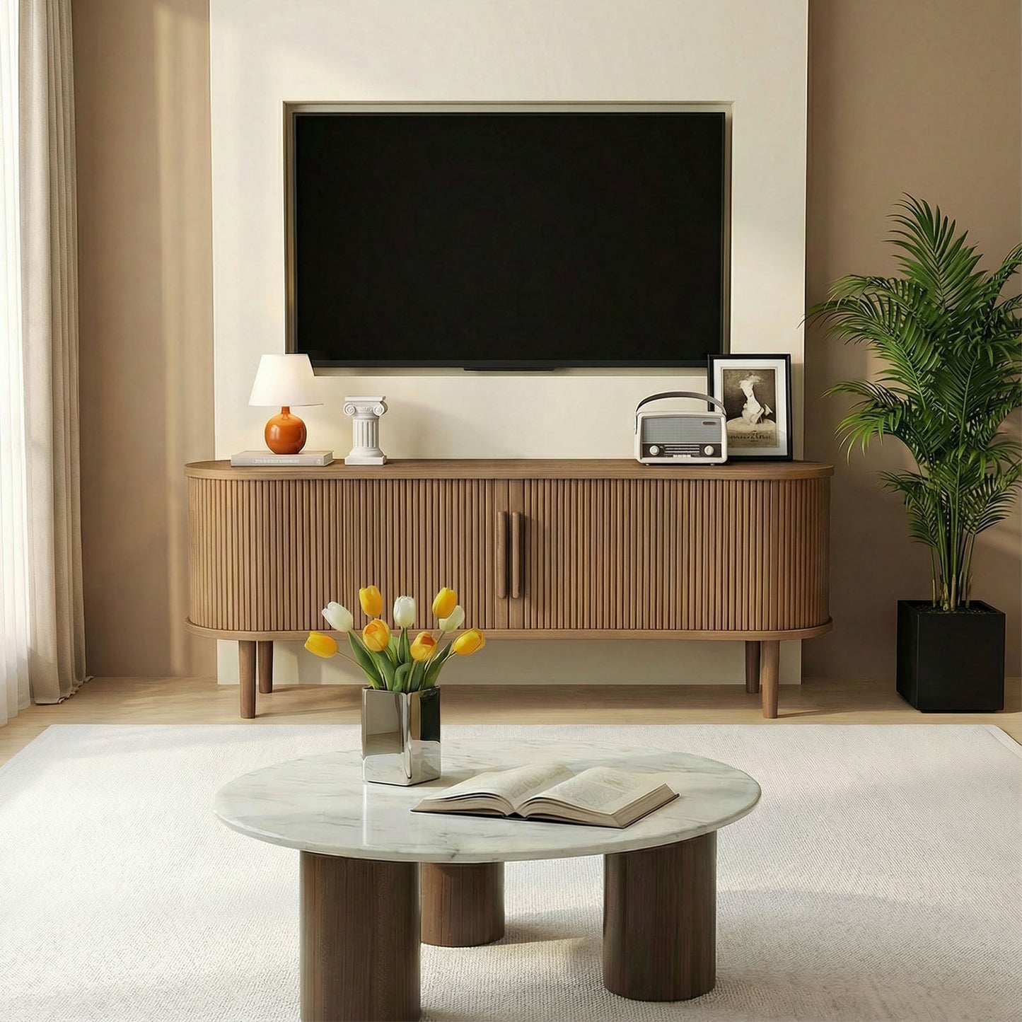 63in Fluted TV Stand Modern Media Console Table Entertainment Center With Sliding Door And Solid Wood Legs For Living Room Bedroom Office