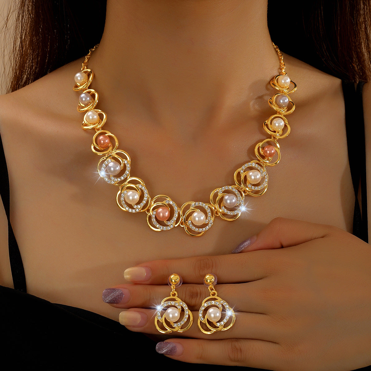 Cross-Border Supply Manufacturer Wholesale Pearl Necklace Set Bridal Accessories Fashion Dress Dinner Versatile Alloy Electroplating
