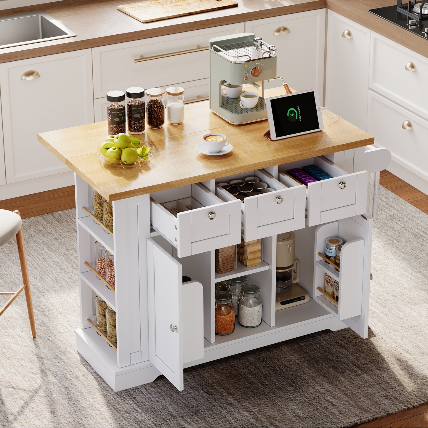 132cm Kitchen Island On Wheels, Dropleaf  Trolley, Farmhouse Style, Foldable Countertop, Drawer, Spice Rack, Towel Holder, 5 Wheels, Integrated Socket, Charging Station, Kitchen Dining Livingroom