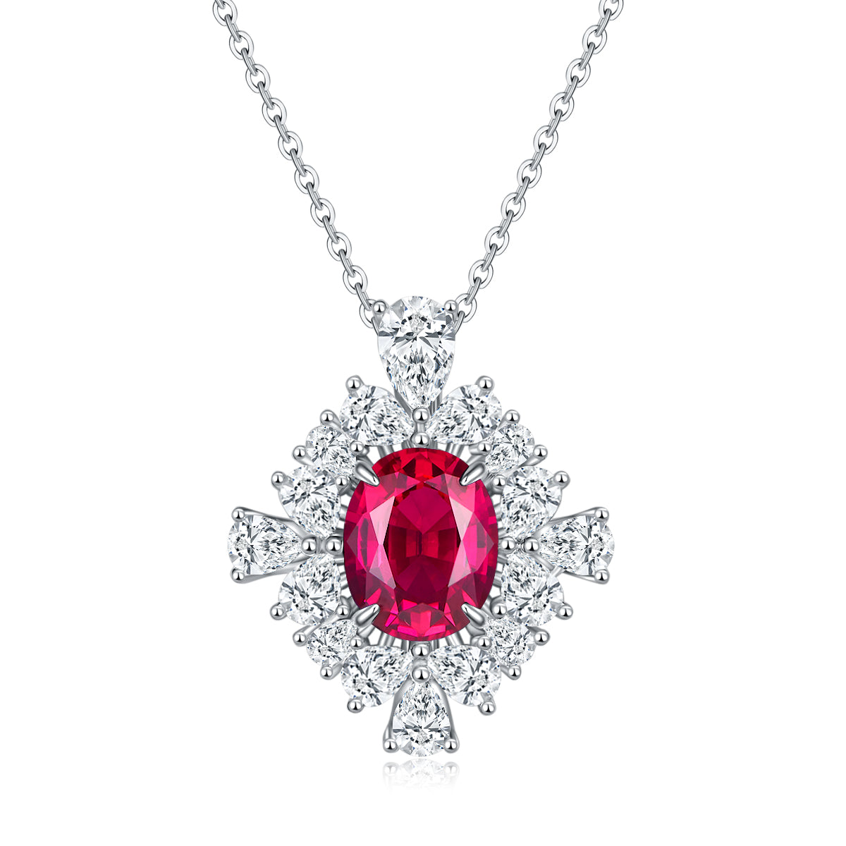 S925 Sterling Silver Floral Halo Pendant Necklace, 10x8mm Lab-Grown Ruby Sapphire Emerald, Platinum Plated 45cm Chain, 5g Gift Box