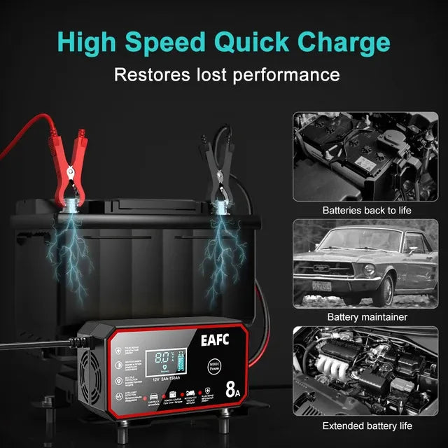 12V 8A Car Battery Charger Quick Charge Automatic Smart Battery Charger LCD Display For Lead Acid Agm Gel Wet LiFePO4