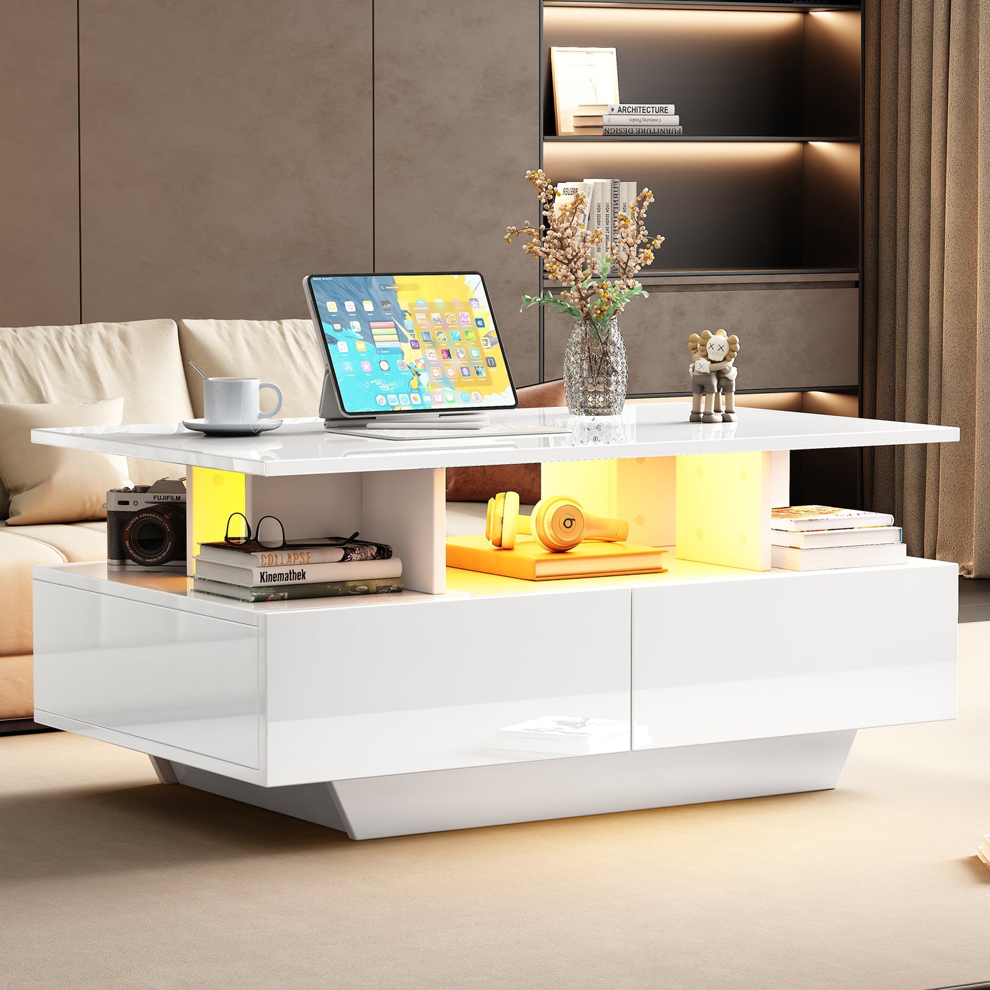 Modern High-gloss Coffee Table With LED Lighting And 2 Drawers  Stylish 90x55x41 Cm Side Table With Storage Space, Load Capacity Up To 30 Kg