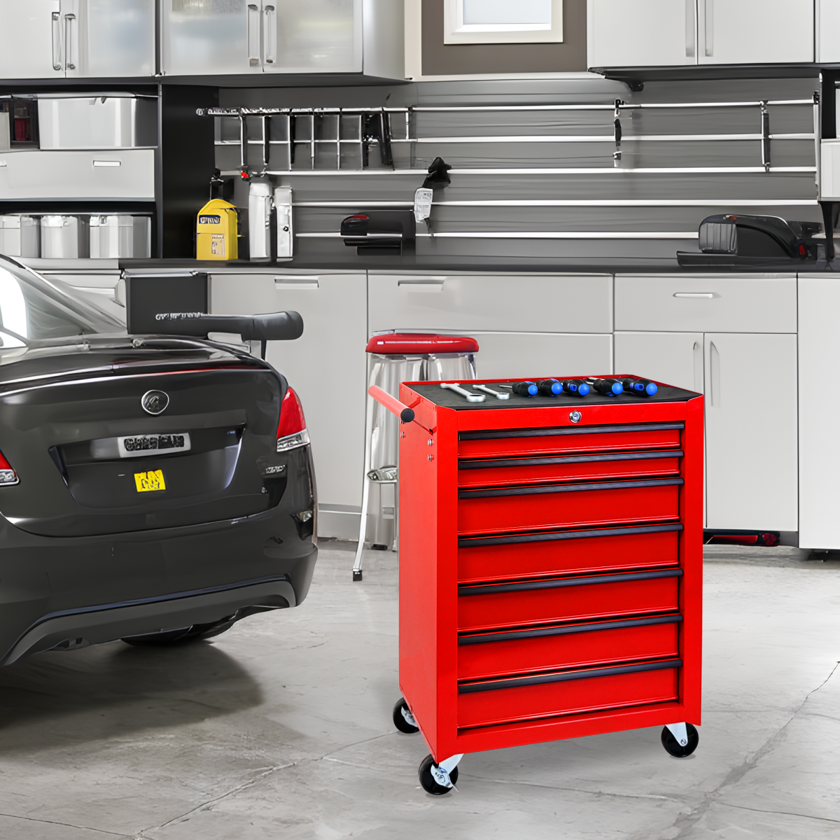 Rolling Metal Tool Chest with 7 Drawers, 20" 7-Drawer Tool Chest Cabinet with Ball Bearing Drawer Slides, Steel Tool Storage Box Organizer  -RED