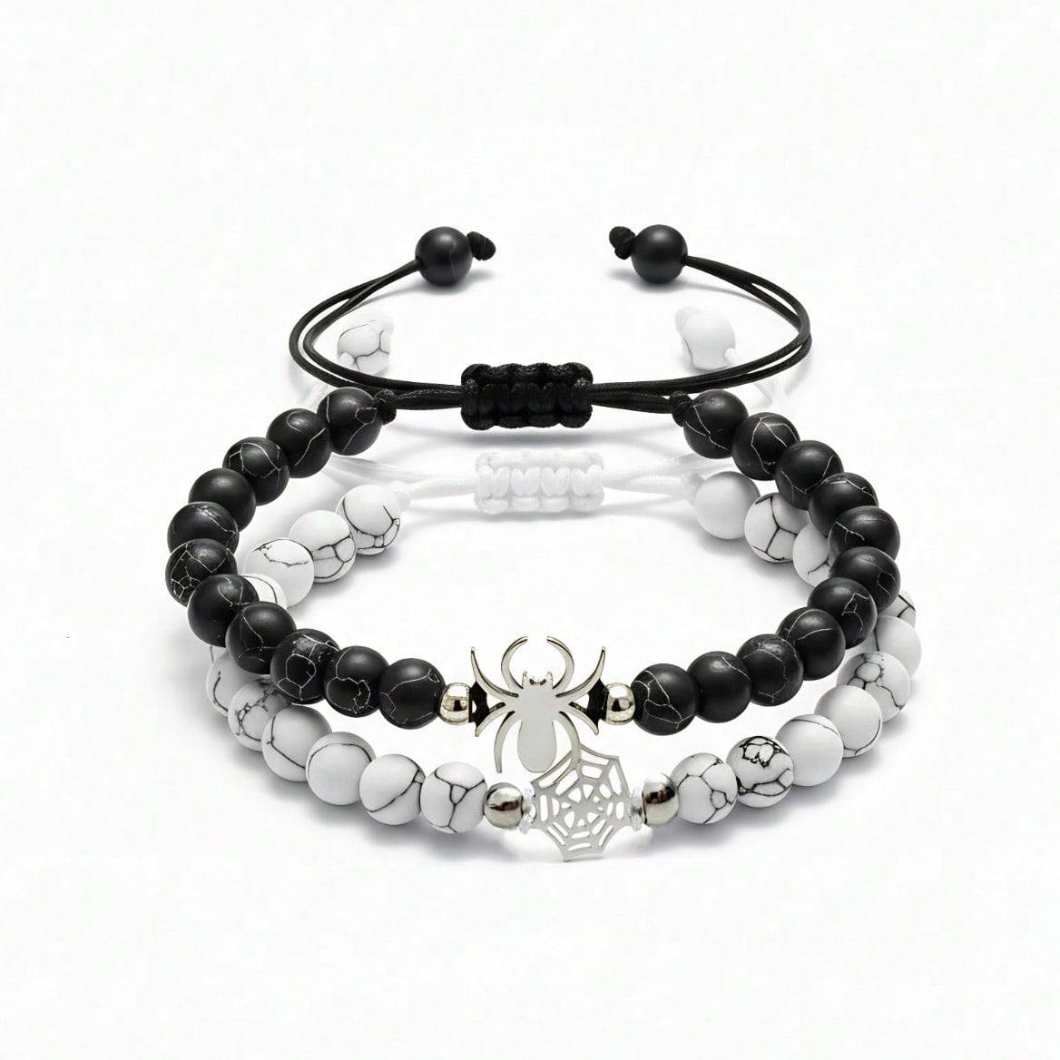 2pcs Matching Spider Web Bracelets For Couples Men Women, Natural Stone Black White Beaded Bracelets, Y2K Goth Punk Friendship Jewelry, Birthday Valentine's Day Gift For Best Friend Boyfriend Girlfrie