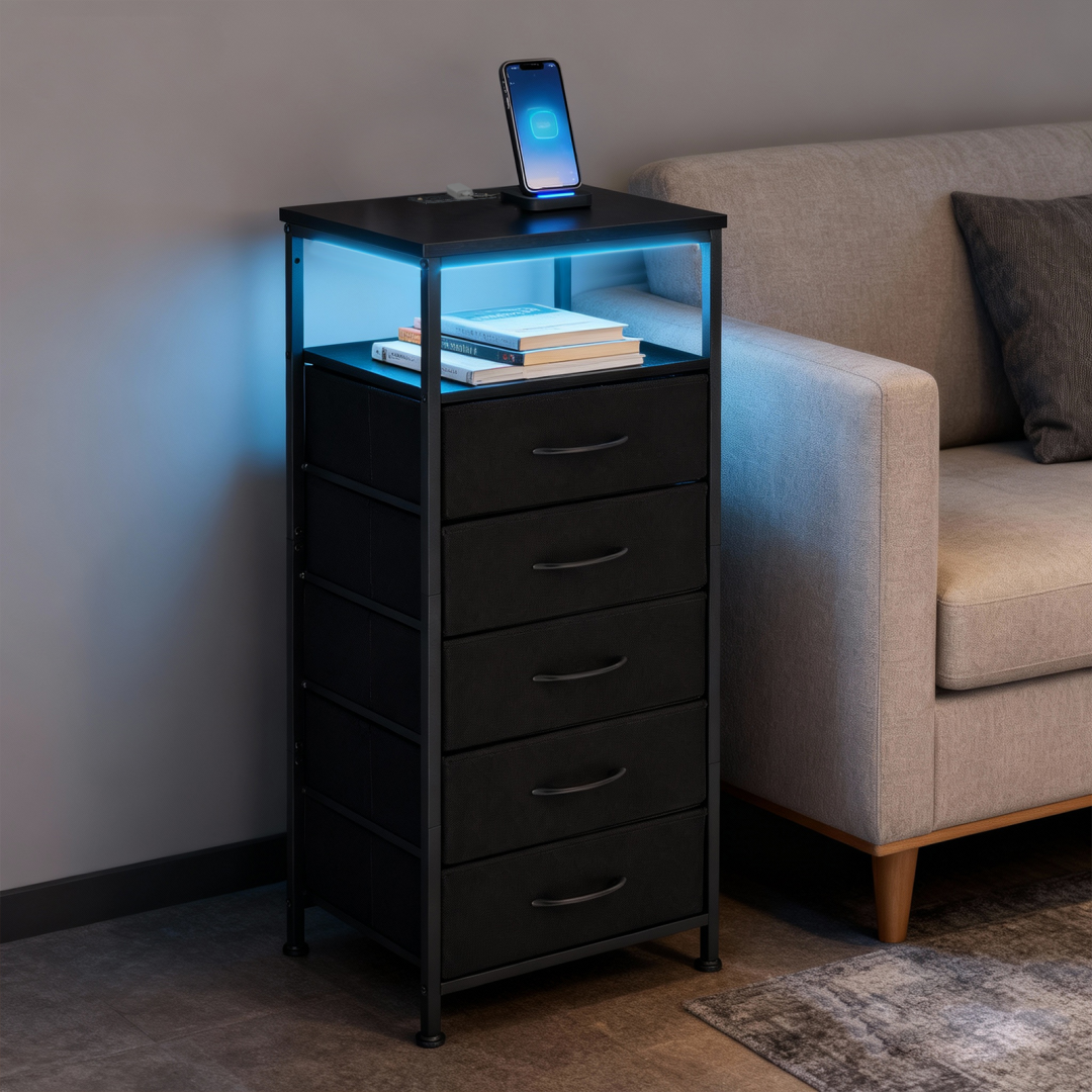 Nightstand With Charging Station, Bedside End Table With 5 Fabric Drawers & USB-Type-C Ports And Outlets