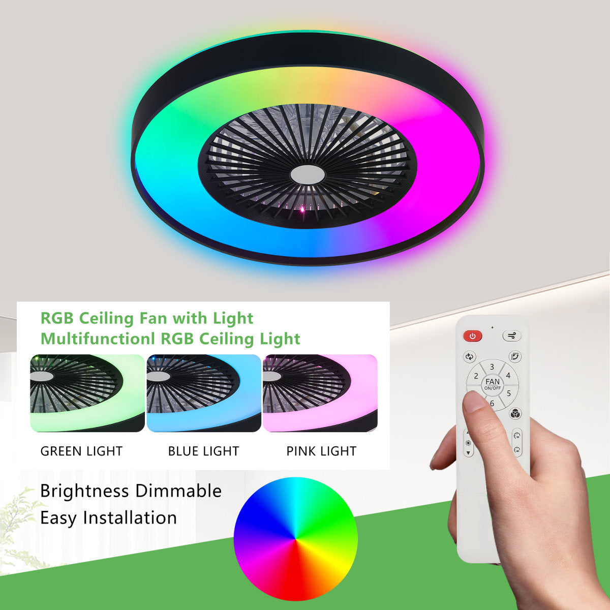 23-inch Black Ceiling Fan Light With LED RGB   Dimmable & Color-Changing, APP & Remote Control, Modern Smart Ceiling Fan For Living Room, Bedroom, And Dining Room  Silent 6-Speed Reversible DC Motor