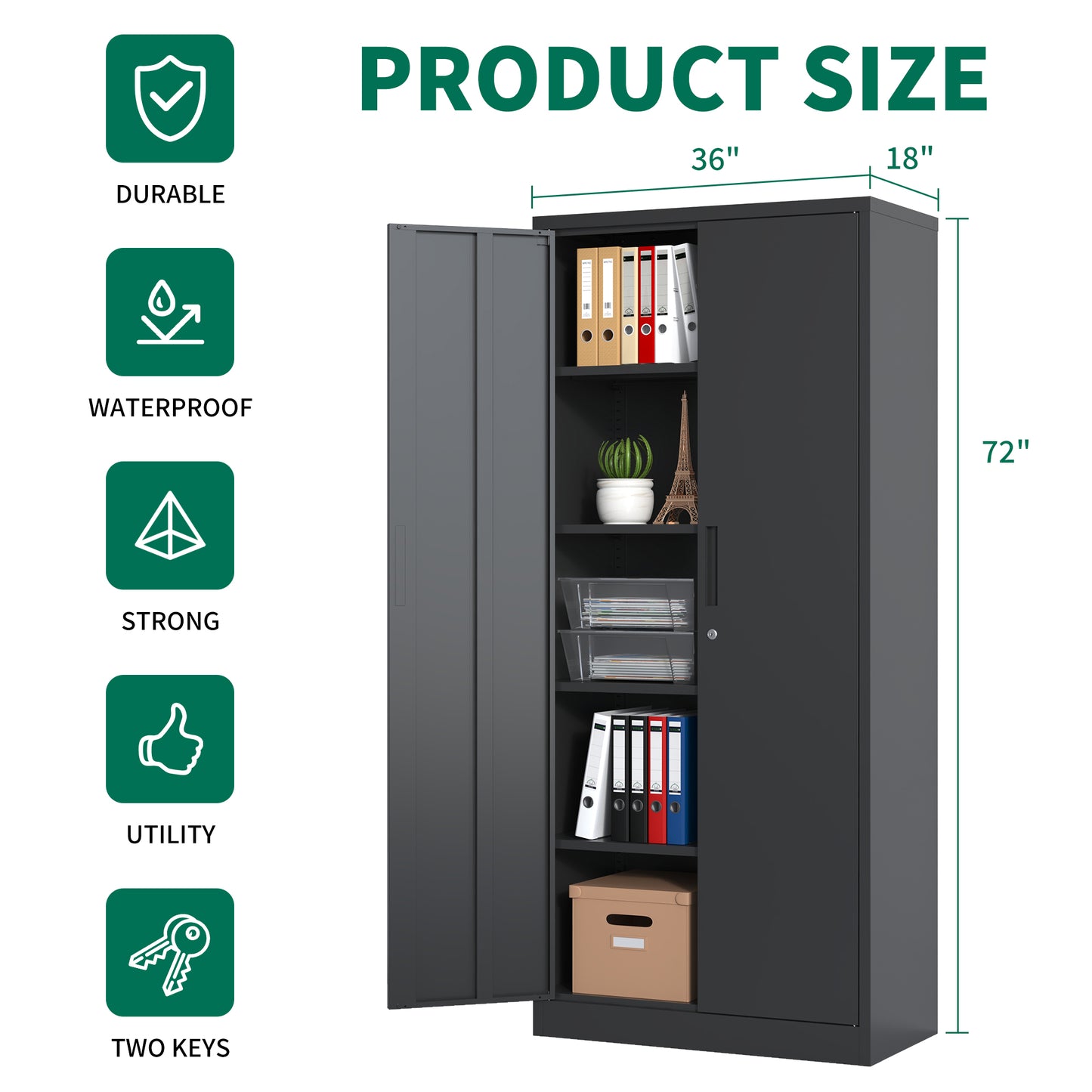 72 H Metal Garage Storage Cabinet, Black Tool Steel Locking Cabinet With Doors And 4 Shelves, Tall Cabinets For Garage Storage Systems Lockable File Cabinet For Home Office, Classroom Pantry