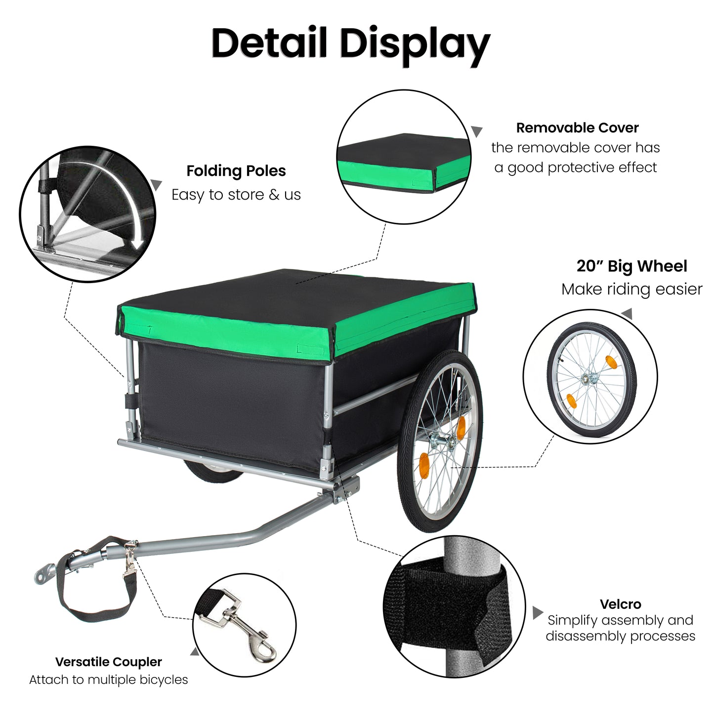 Foldable Bicycle Bike Cargo Trailer With 20 Wheels  Removable Cover  Folding Frame Quick Release  Bike Cart Bike Wagon Trailer For Luggage  Tools  Groceries. Black Green