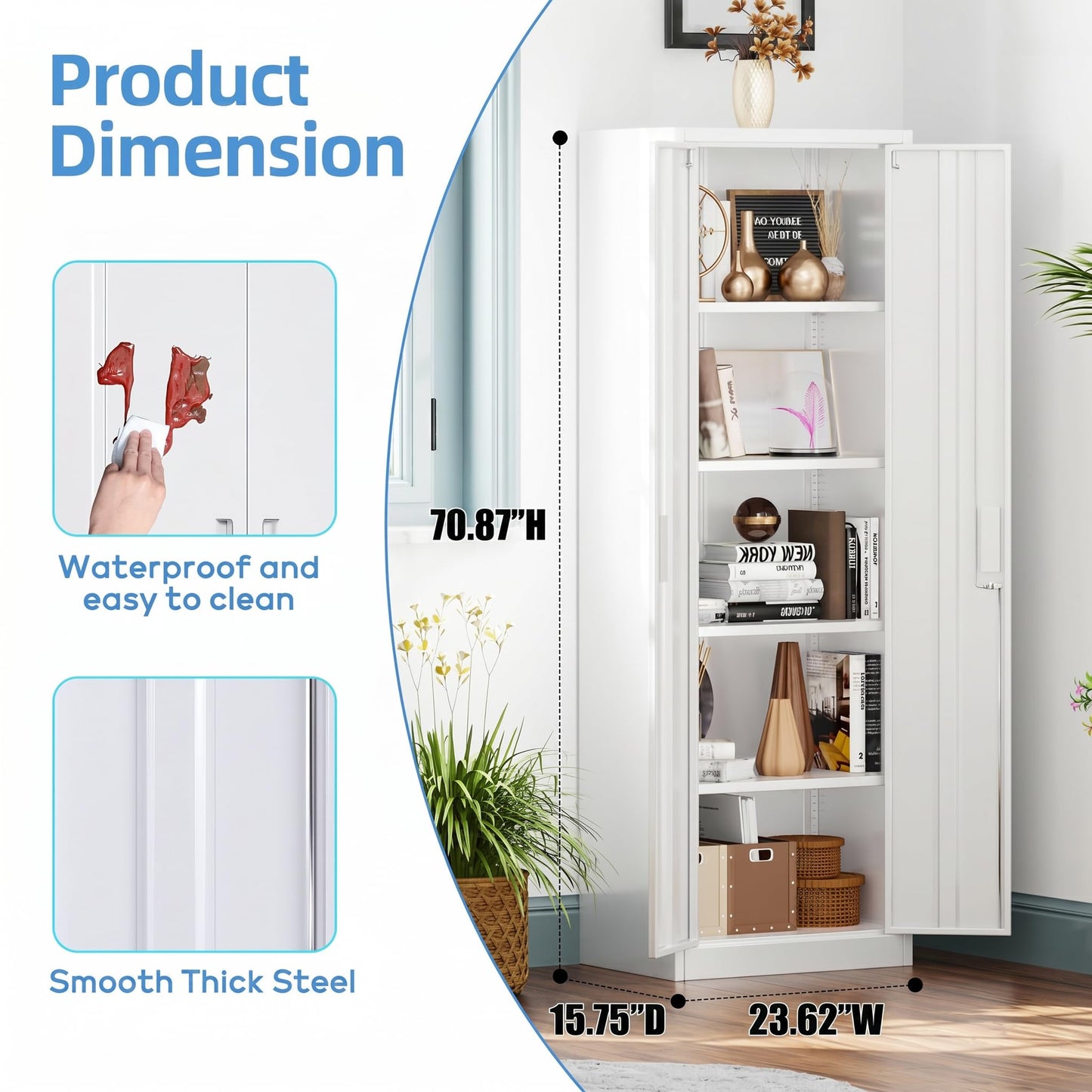 Narrow Metal Garage Storage Cabinet, Lockable Narrow Steel Storage Cabinet With 4 Adjustable Shelves For Garage, Office, Home, Assembly Required, White