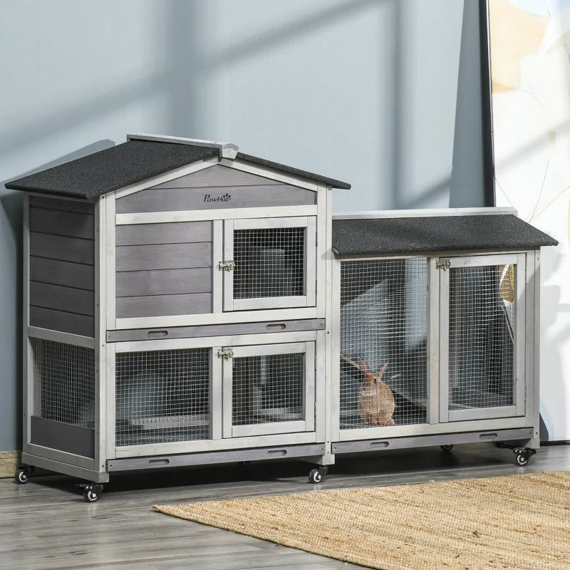 Wooden Mobile Rabbit Hutch With Wheels, Run Box, Slide-out Tray, Ramp
