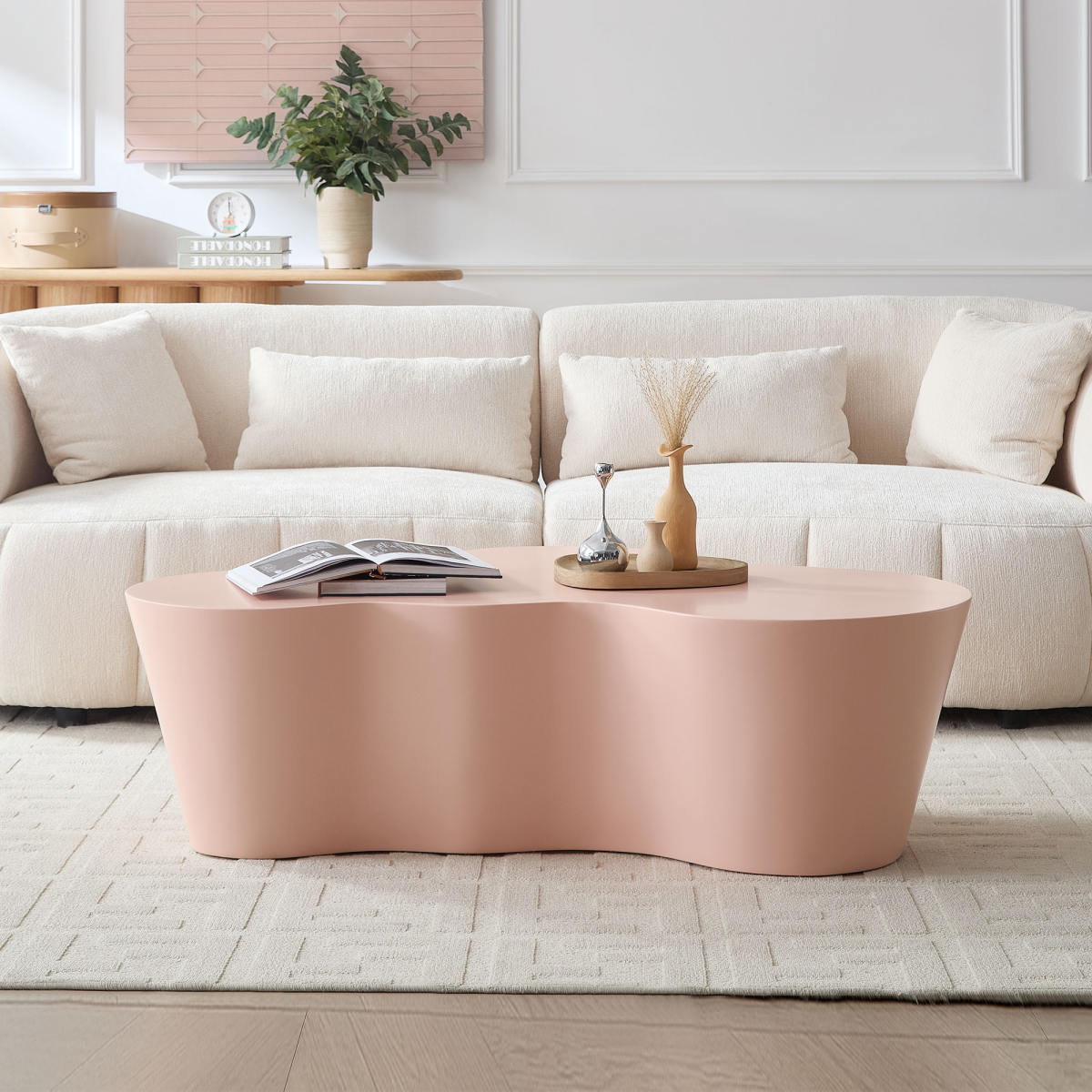 50 Inch Unique Shape Coffee Table Sturdy Fiberglass Tea Table For Living Room No Need Assembly PINK