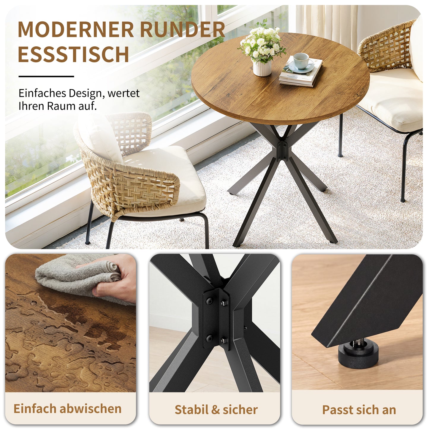 Farmhouse Style Round Table With X-legs, 80 Cm - Kitchen Table, Dining Table For Living Room, Home Office, Balcony Or Cafe - Retro Brown & Black