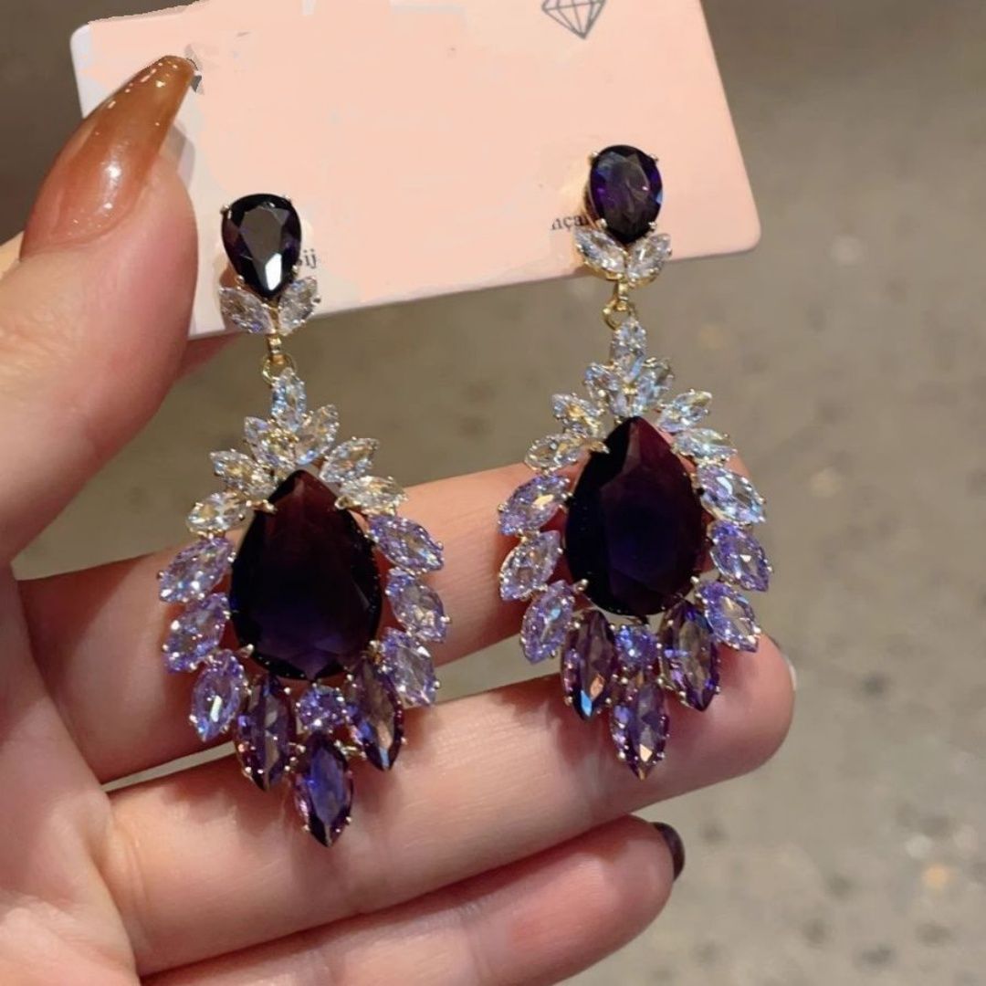 European American Fashion Gradient Purple Teardrop Zircon Earrings, Super Sparkling Dangle Drop Earrings For Runway & Formal Evening Dress