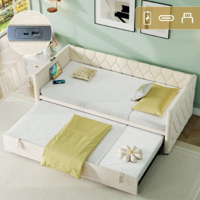 Upholstered Daybed, Sofa Bed With Charging Station, 3ft Single Button-tufted Bed With USB And Type - C Ports, Pull Out Trundle Bed For Living Room Bedroom Study Room, Linen, Grey No Mattress