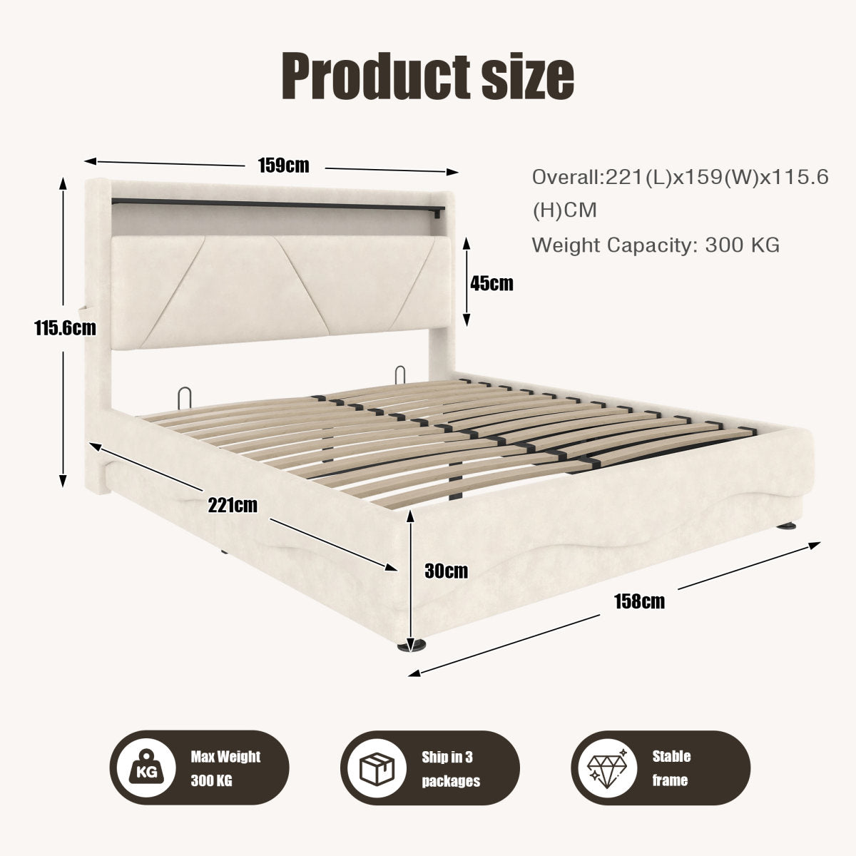 Modern Upholstered Bed  Headboard With LED Lighting And Shelving Surfaces, Additional Under-bed Storage, Quiet Gas-pressure Slatted Base, Certified USB Ports, Practical Side Pockets.150x200cm Beige