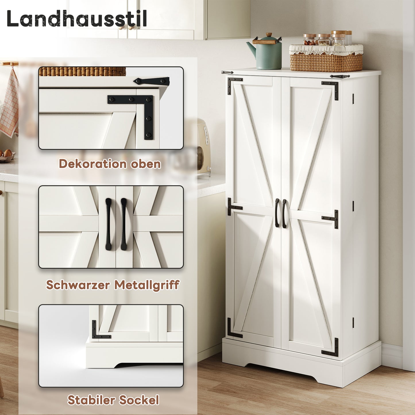 128.5cm Kitchen Cabinet, Farmhouse Storage Cabinet - LED Pantry Cabinet With 2 Hinged Doors And Adjustable Shelves For Small Spaces In The Dining Room Or Living Room, White Gravure Structure