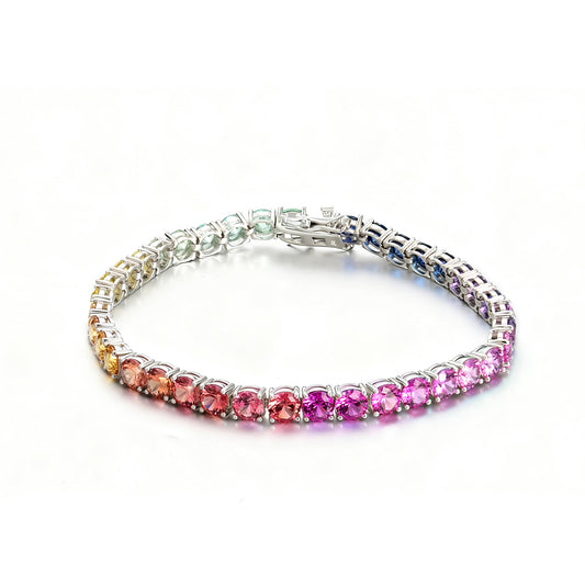 S925 Sterling Silver 5mm Rainbow Lab-Grown Gemstone Tennis Bracelet For Women Platinum Plated 7.5g Gift Box