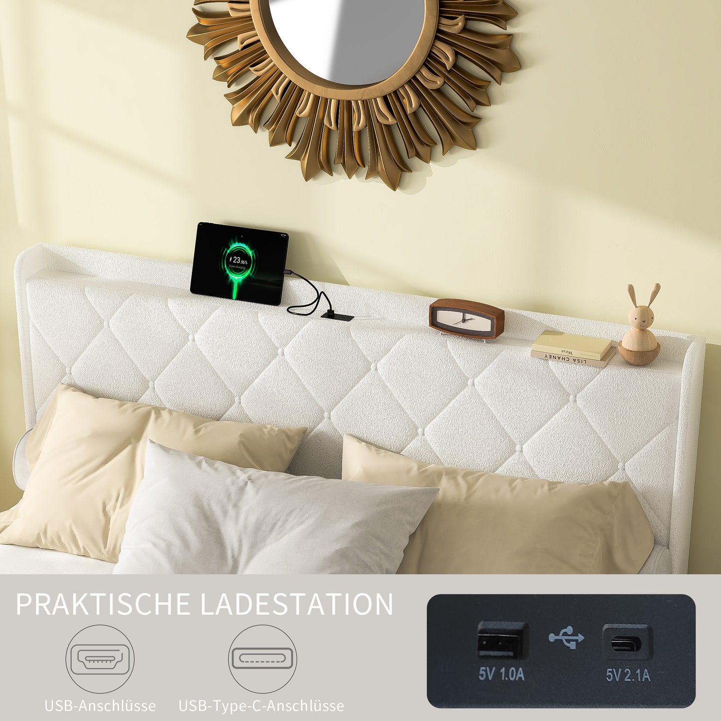 140 X 200 Cm Upholstered Bed, White Plush Fabric, Double Bed With USB Charging Function, Equipped With LED Light Strip, With 6 Practical Drawers, Load Capacity 800 Lbs, Without Mattress