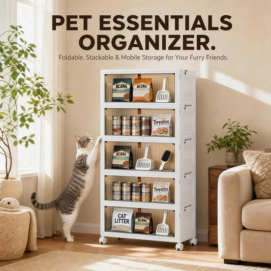 Foldable Stackable Pet Supplies Storage Bin With Wheels, Magnetic Door Collapsible Organizer Cabinet For Pet Toys, Food, Grooming Tools, Multi-Purpose Storage For Home, Bedroom, Laundry Room