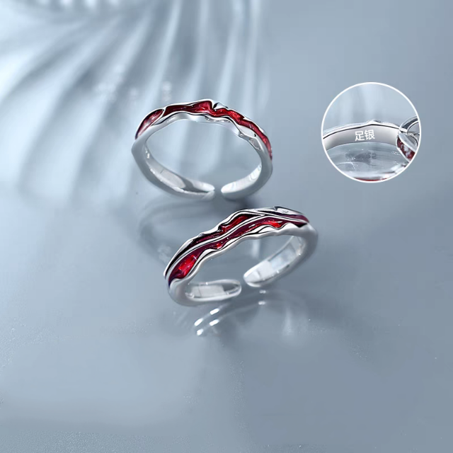 1 Pair 999 Sterling Silver Passionate Red Wave Couple Rings, Adjustable Open Promise Rings, Ideal Valentine's Day Gift For Lovers