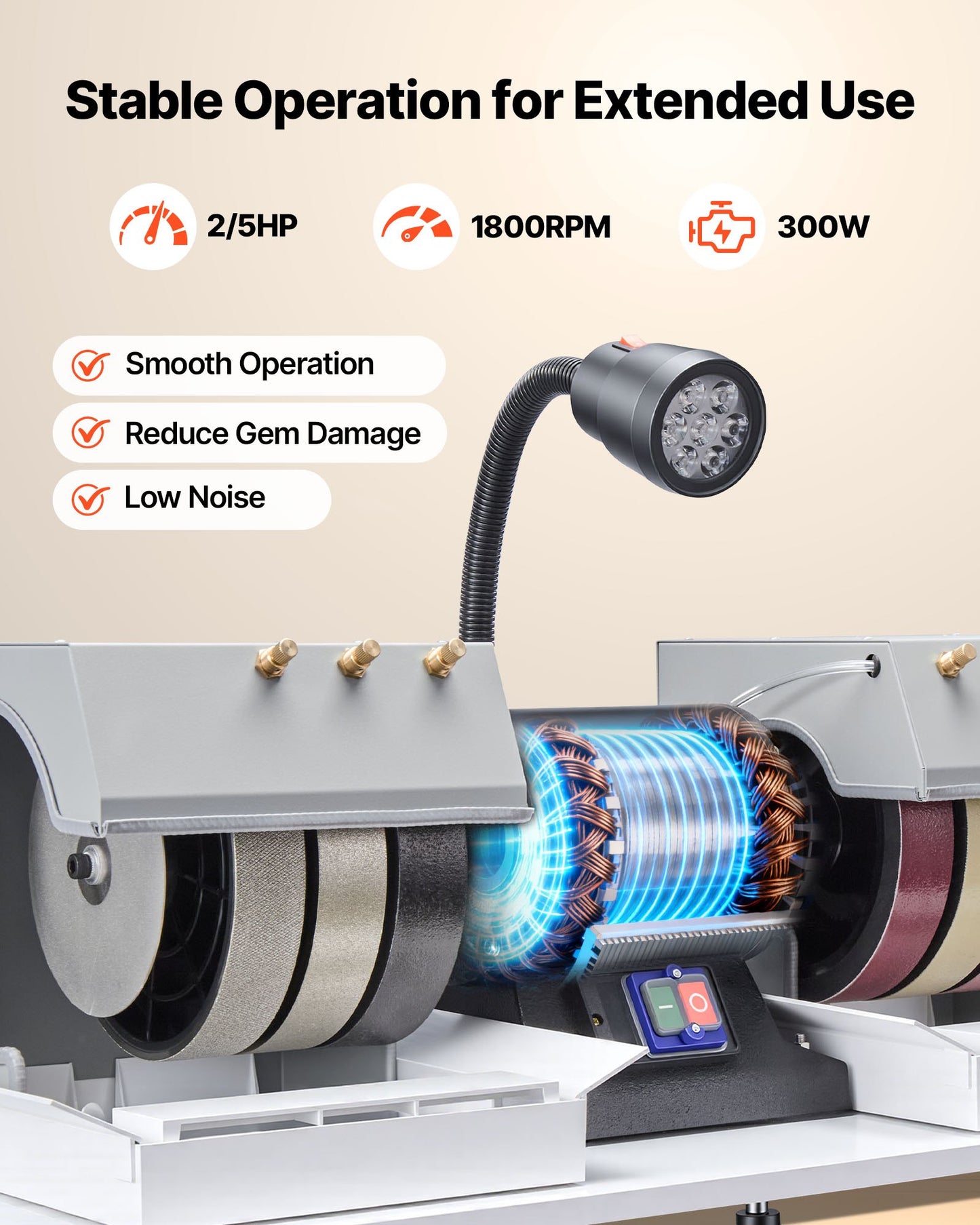 Cabbing Machine, 8" 3/4 HP 1800 RPM Efficient, Lapidary Rock Grinder Polisher With Diamond And Resin Wheels, LED Lamp, Water System, Lapidary Equipment For Gemstone Grinding, Stone Polishing