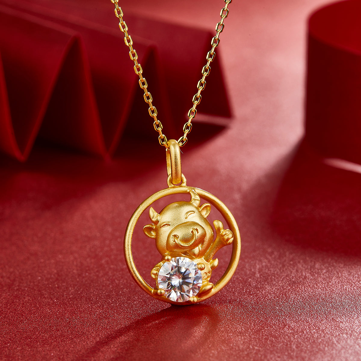 S925 Sterling Silver Gold Plated 1ct D Color VVS1 Moissanite Ox Necklace 4.8g Chinese Zodiac Benmingnian Gift GRA Certified Gift Box