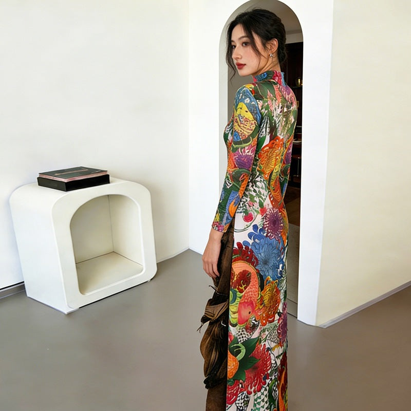 Womens Fashion Printed Long-sleeve Mock-neck High-slit Dress