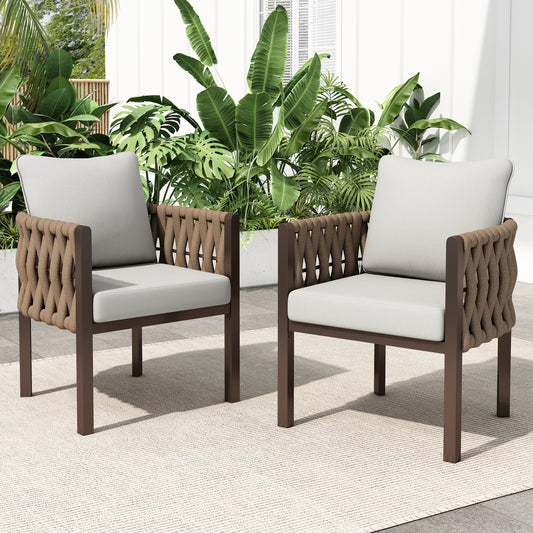 2-Pieces Outdoor Metal Patio Club Chair, Patio Furniture Arm Chair With Cushion, Modern Outdoor Furniture Deep Seating For Porch, Garden, Backyard, Balcony, Brown & Light Grey