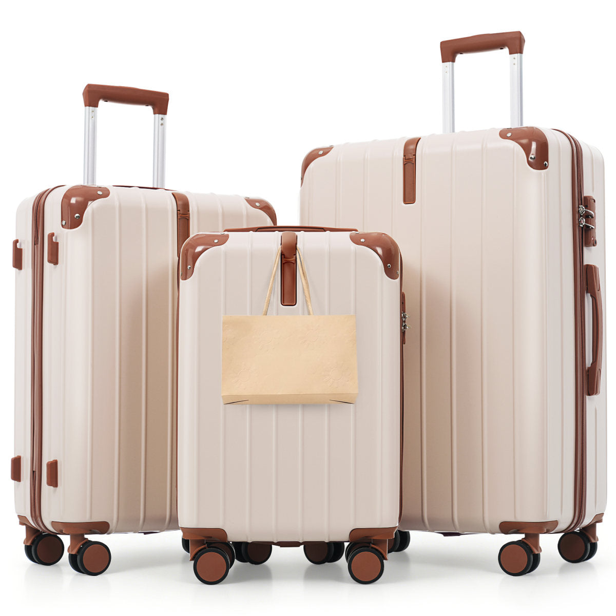 Premium ABS Travel Luggage Set , 3-Piece TSA Lock Suitcase Ensemble with 20, 24, and 28 Inch Sizes with 360° Spinner Wheels, ivory and brown