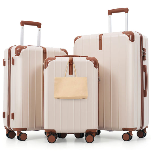 Premium ABS Travel Luggage Set , 3-Piece TSA Lock Suitcase Ensemble with 20, 24, and 28 Inch Sizes with 360° Spinner Wheels, ivory and brown