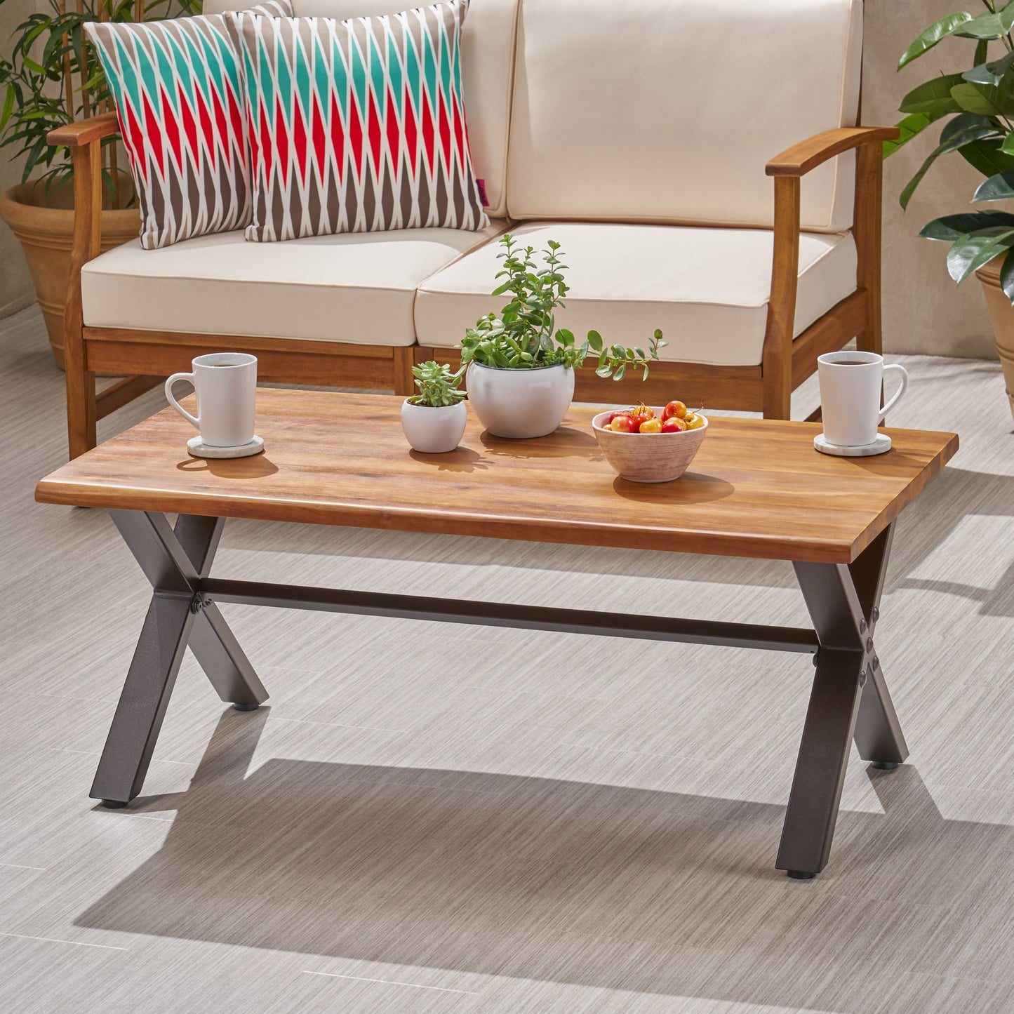 Outdoor Acacia Wood Coffee Table, Teak Finish   Rustic Metal,Black And Brown, 18 H X 27.25 W X 43.25 L