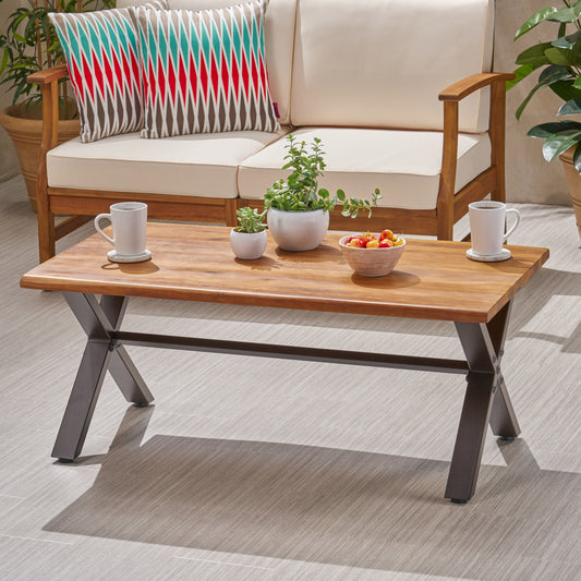 Outdoor Acacia Wood Coffee Table, Teak Finish   Rustic Metal,Black And Brown, 18 H X 27.25 W X 43.25 L