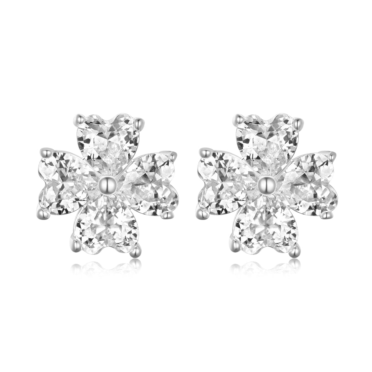 S925 Sterling Silver Heart Clover Stud Earrings, 4x4mm D-VVS1 Moissanite, Platinum Plated 2.5g Women's Jewelry Gift Box