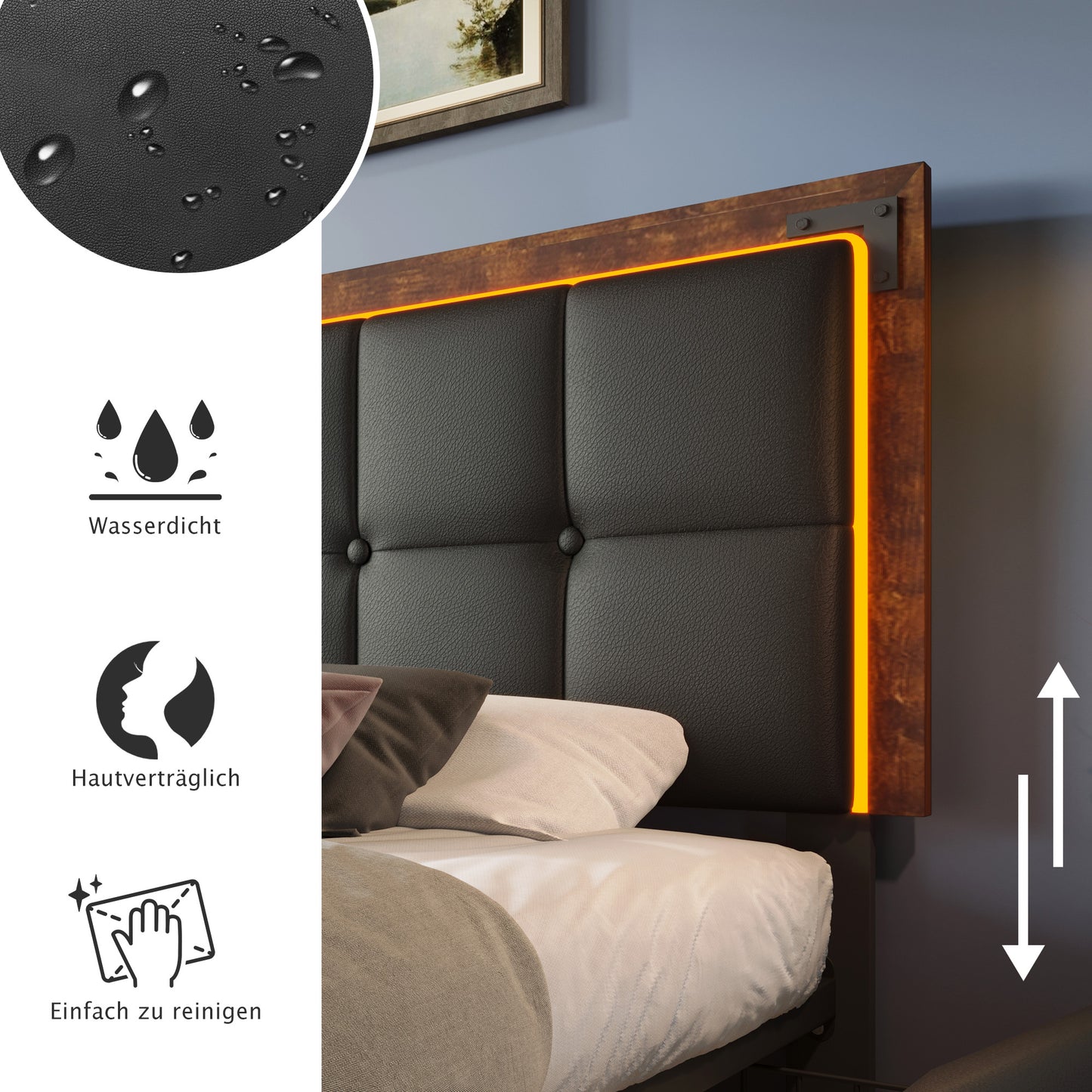 Bed Frame With LED Lighting Strip And 4 Drawers, Single Bed Upholstered Bed 90x200cm, Height-adjustable Headboard, Functional Bed, PU Black  Without Mattress